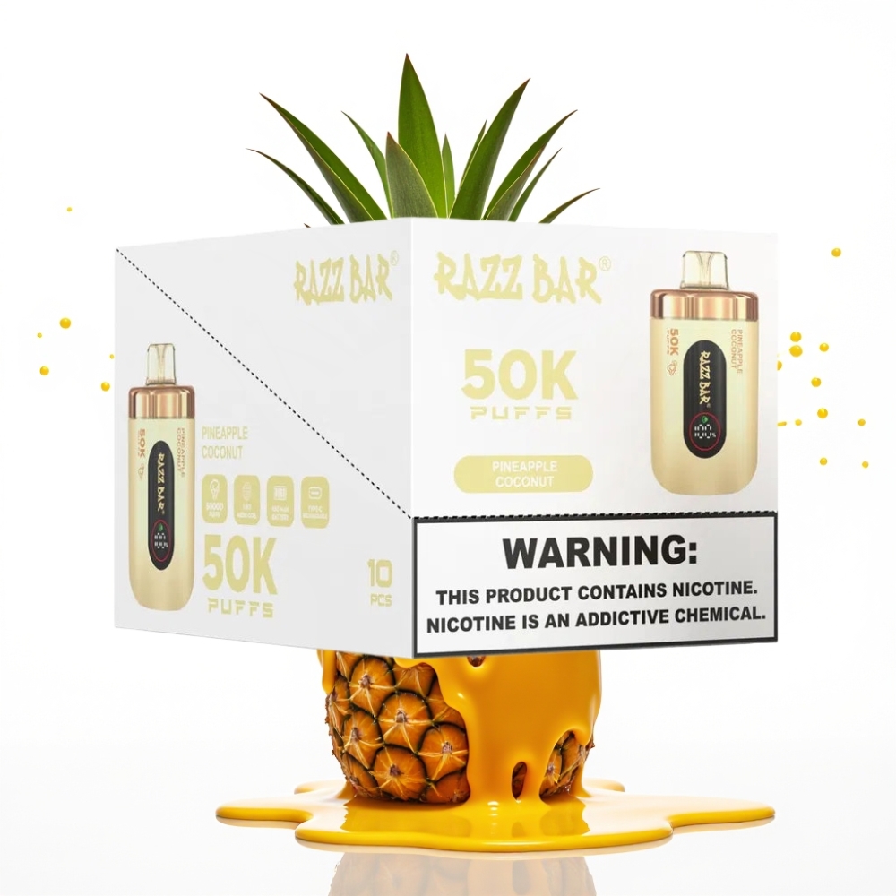 Razz Bar 50K Puffs Disposable Vape Ananāsu Kokosrieksts – 50000 Puffs, 1.0 Ohm Mesh Coil, 650 Mah