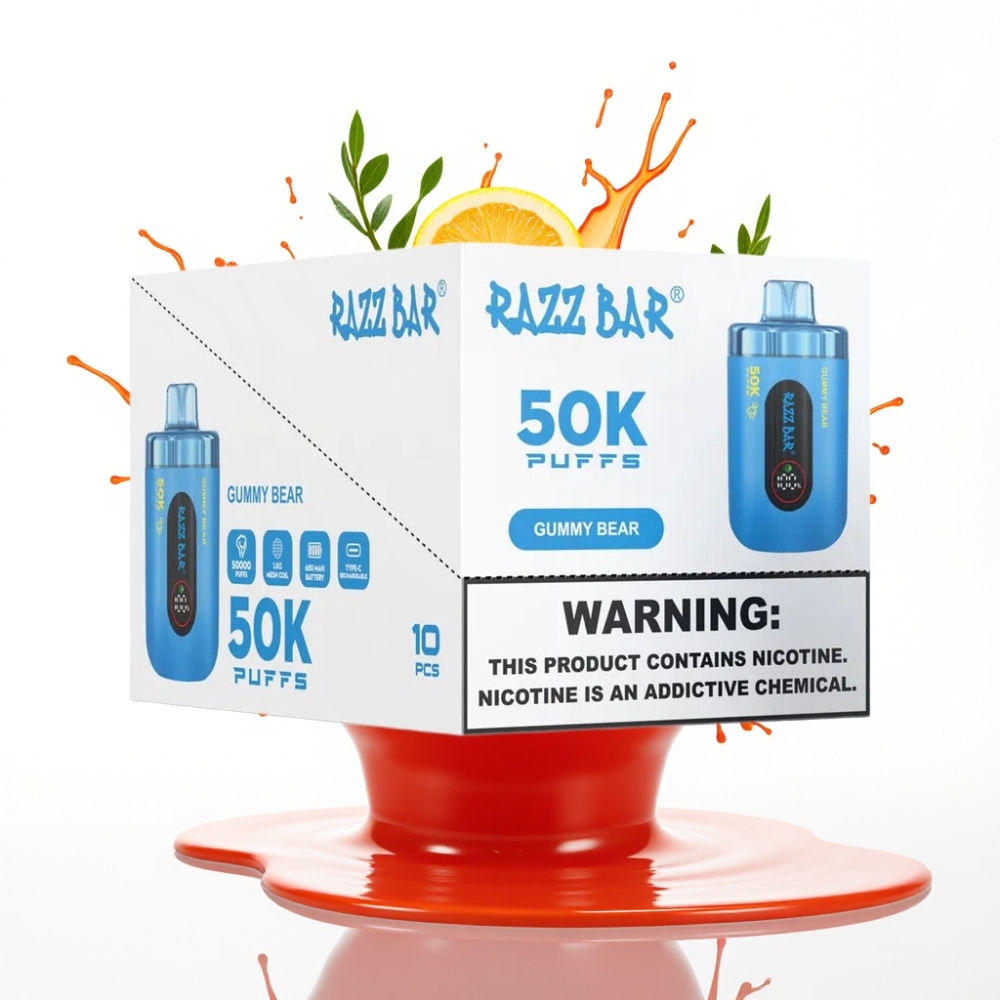 Razz Bar 50K Puffs Disposable Vape Gurdeneņu lācītis, 50000 Puffs, 1.0 Ohm Mesh Coil, 650 Mah Battery, Type-C