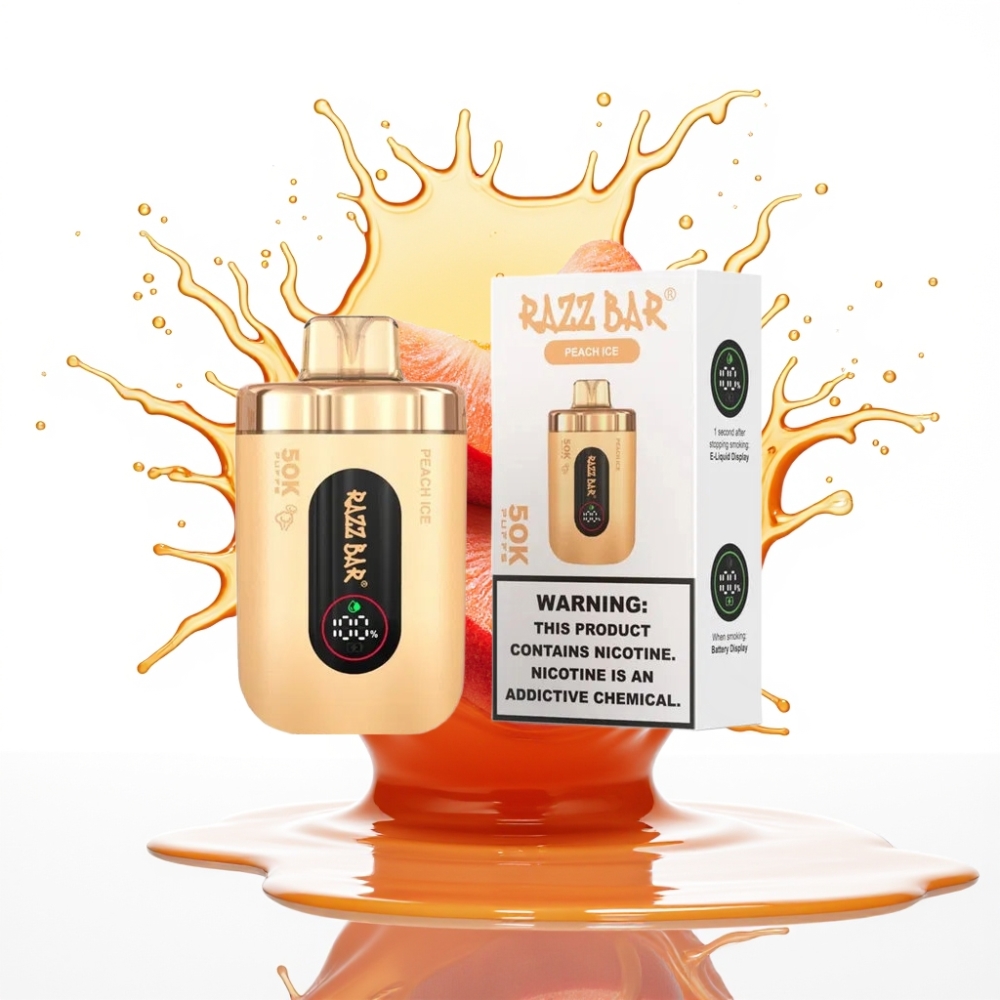 Razz Bar 50K Puffs Disposable Vape Persiku Ledus – 50000 Puffs, 1.0 Ohm Mesh Coil, Type-C Uzlāde