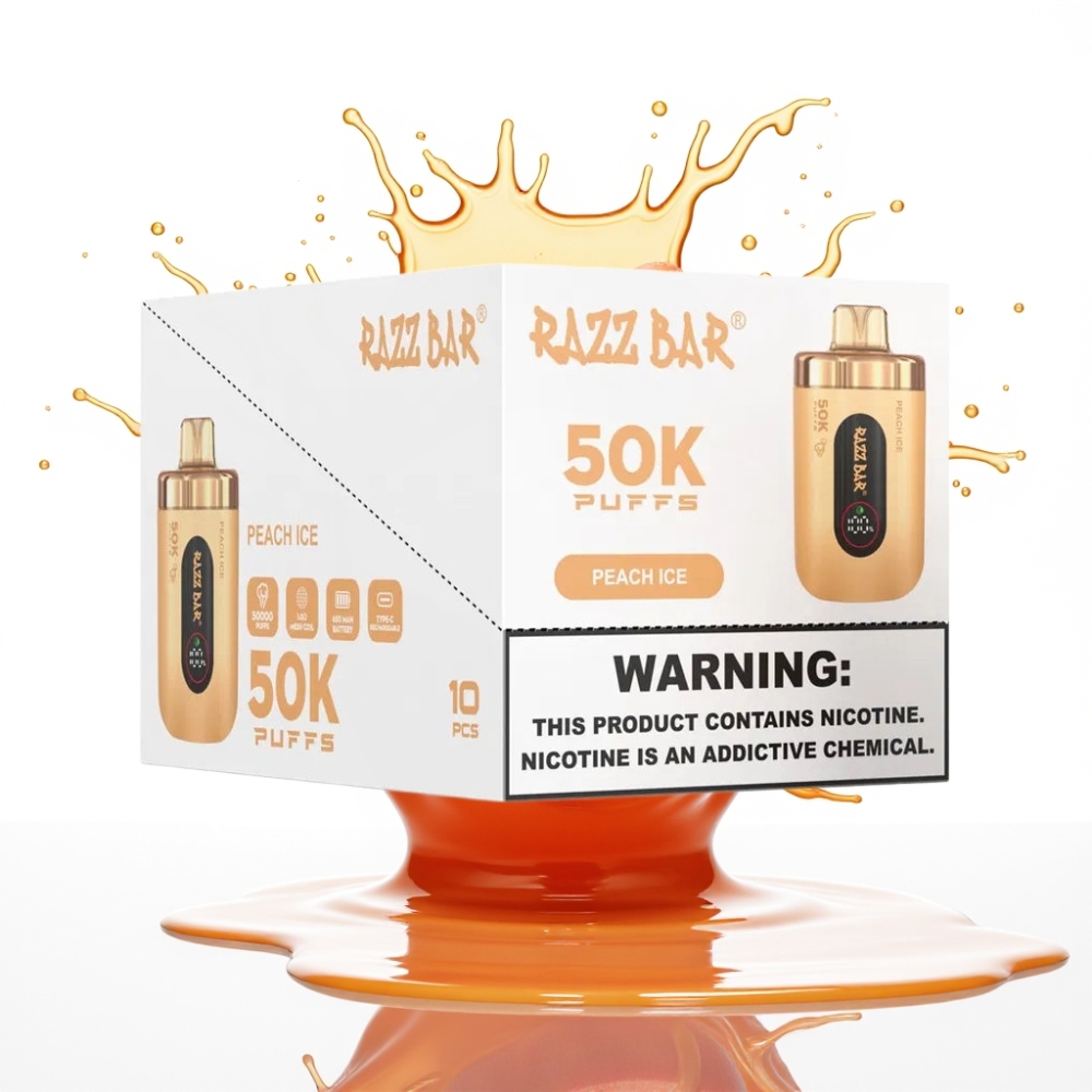 Razz Bar 50K Puffs Disposable Vape Persiku Ledus – 50000 Puffs, 1.0 Ohm Mesh Coil, Type-C Uzlāde