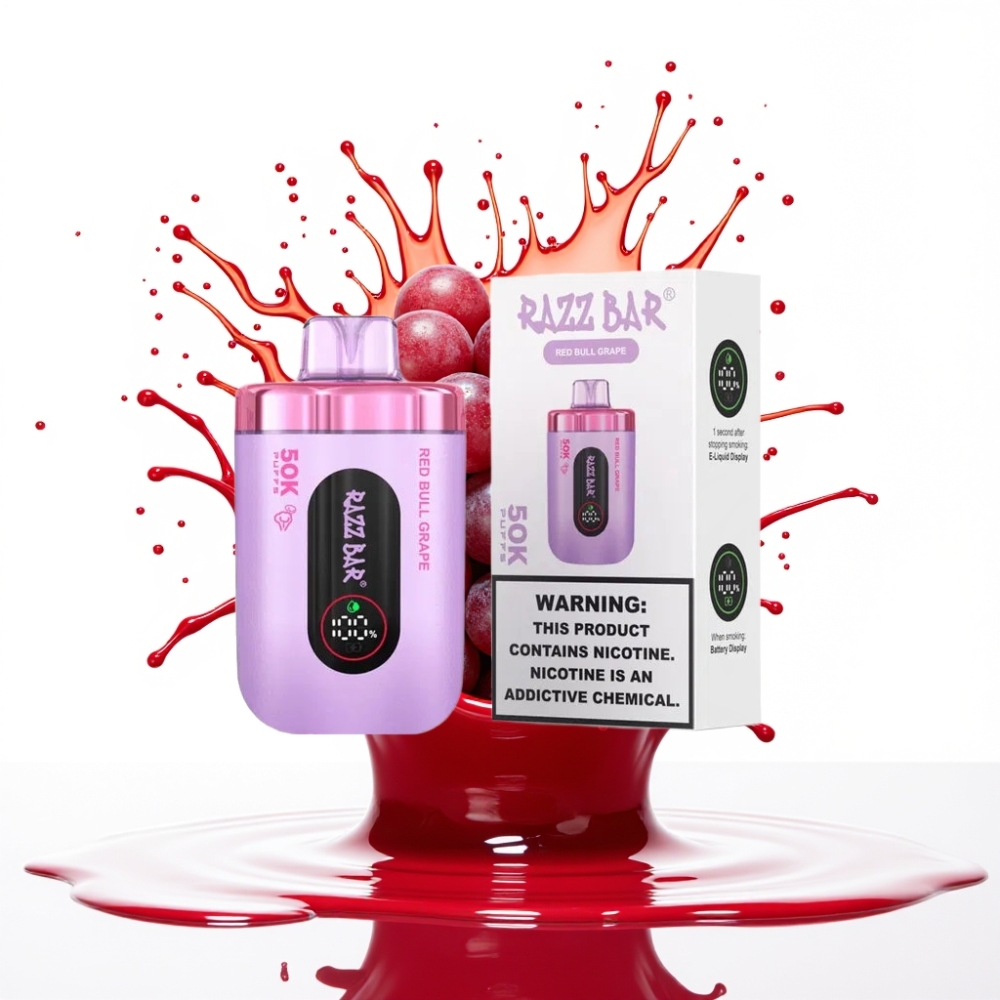 Razz Bar 50K Puffs Disposable Vape Sarkanais Vērsis Vīnogu Garša – 50000 Puffi, 1.0 Ohm, 650 mAh, Type-C