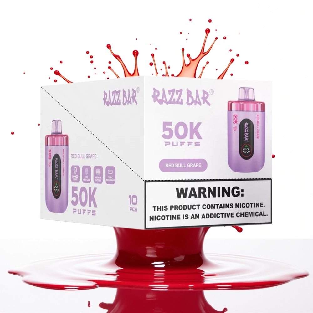 Razz Bar 50K Puffs Disposable Vape Sarkanais Vērsis Vīnogu Garša – 50000 Puffi, 1.0 Ohm, 650 mAh, Type-C