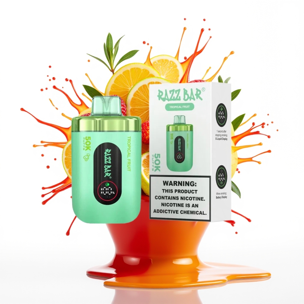 Razz Bar 50K Puffs Disposable Vape Tropiskie Augļi – 50000 Puffs, 1.0 Ohm Mesh, 650 mAh, Type-C