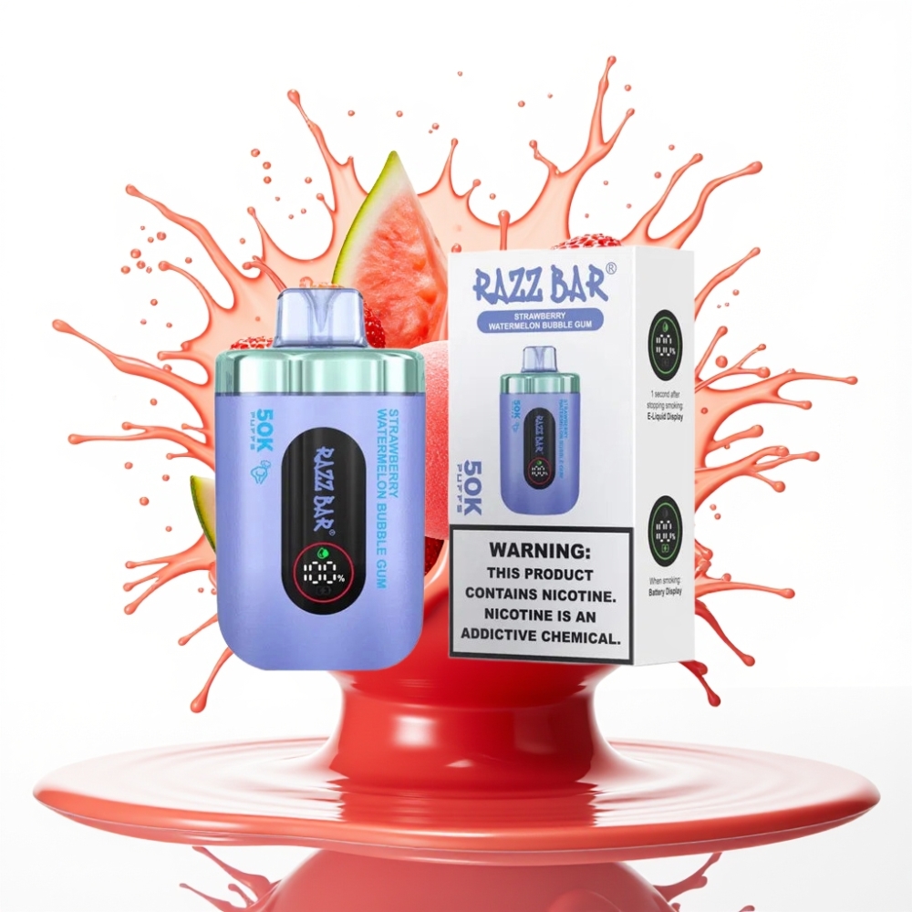 Razz Bar 50K Puffs Disposable Vape – Zemenes Arbūzu Pūšķu Gumija, 50000 Puffi, 1.0 Ohm, Type-C