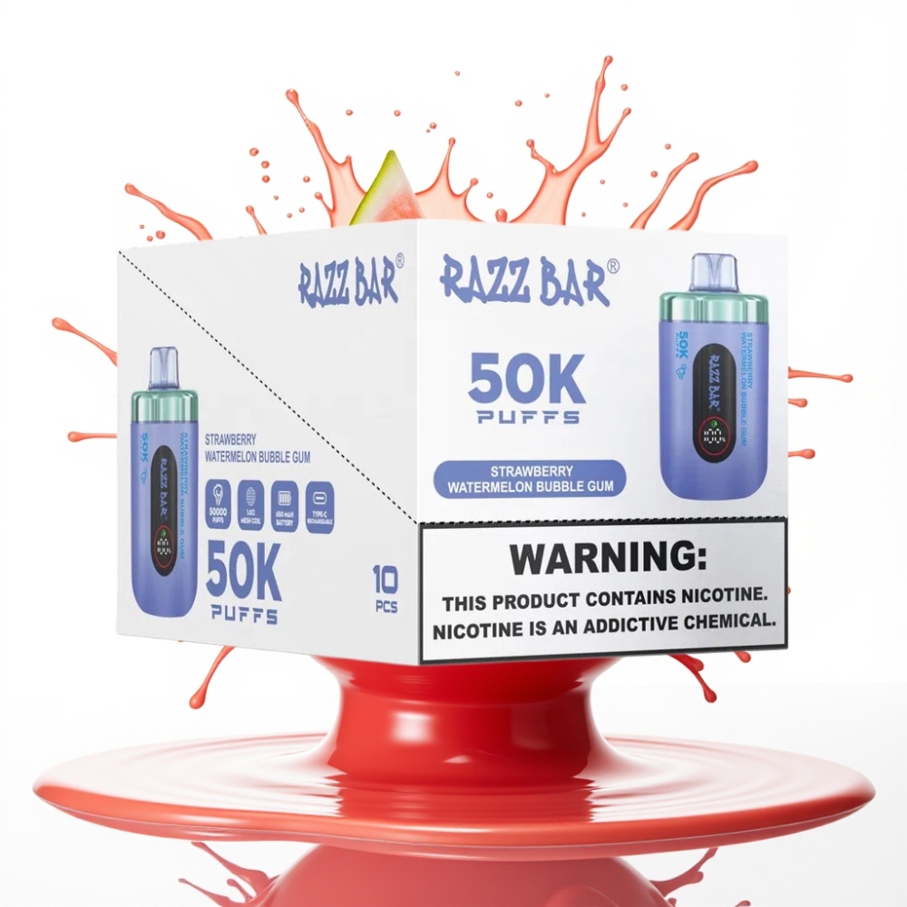 Razz Bar 50K Puffs Disposable Vape – Zemenes Arbūzu Pūšķu Gumija, 50000 Puffi, 1.0 Ohm, Type-C