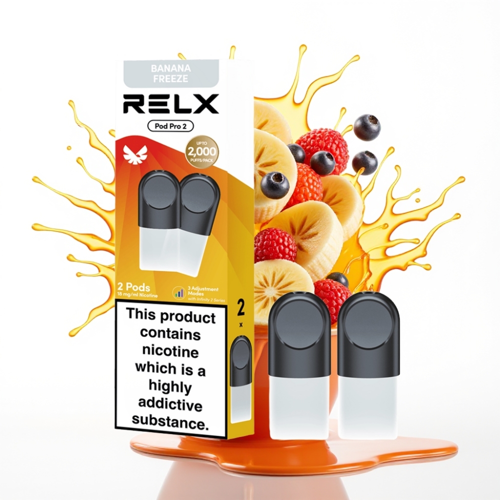 RELX Pod Pro 2 – Nikotīna līmenis 1,8%, 600 piepildījumi, 1,9ml ietilpība, Dessert-Banānu Saldējums
