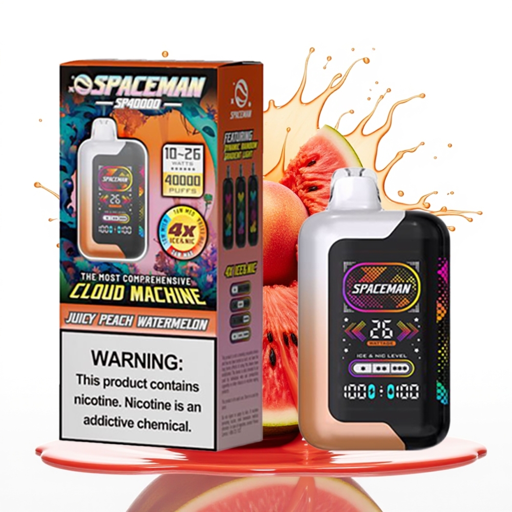 Spaceman SP40000 Zero Nikotīna Disposable – 20ml, 0% nikotīna sāls, 40000 piepildījumi, 1000mAh baterija, 2.28\" ekrāns, Type-C uzlāde, Džūsijas Persiks Arbūzs